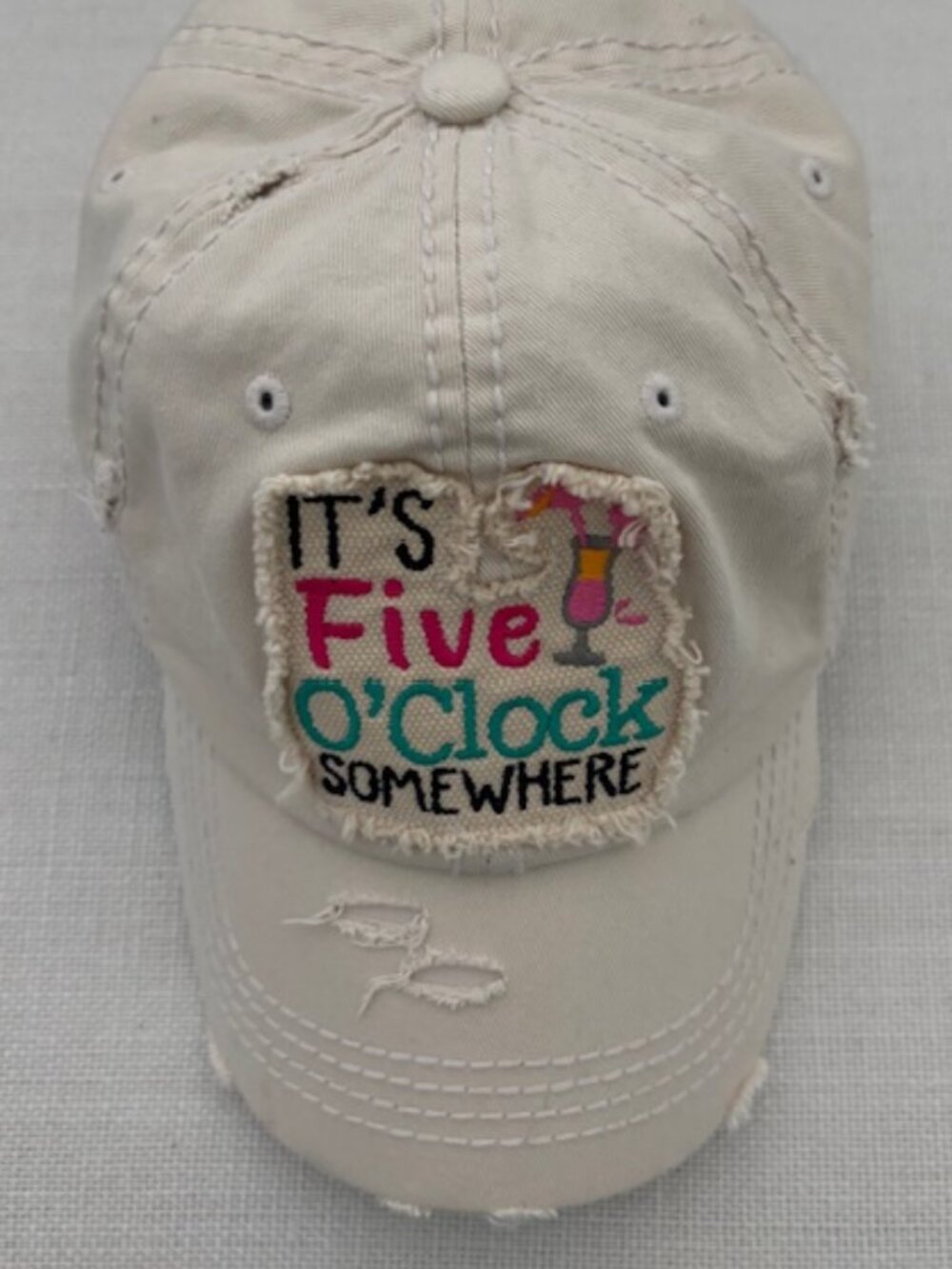 IT'S Five O'Clock SOMEWHERE distressed ivory baseball cap by KBETHOS Vintage